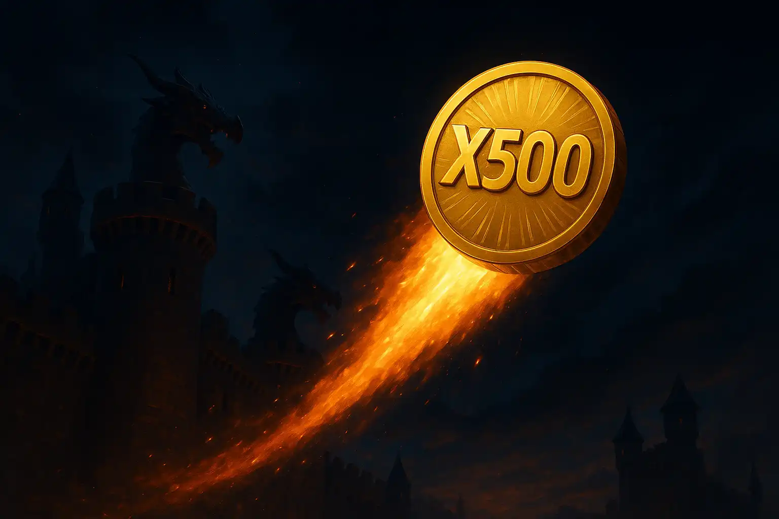 A golden coin-shaped rocket multiplier soaring past dragon fortress towers with a fiery trail