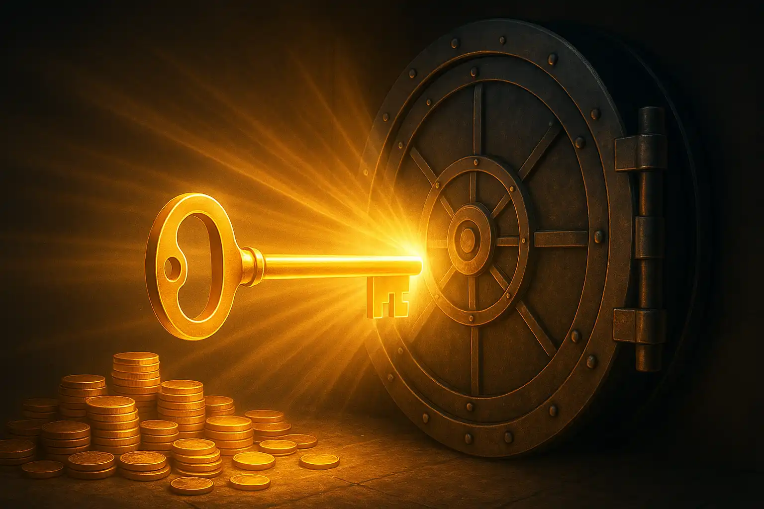 A glowing golden key unlocking a fortress vault door instantly, symbolising instant banking