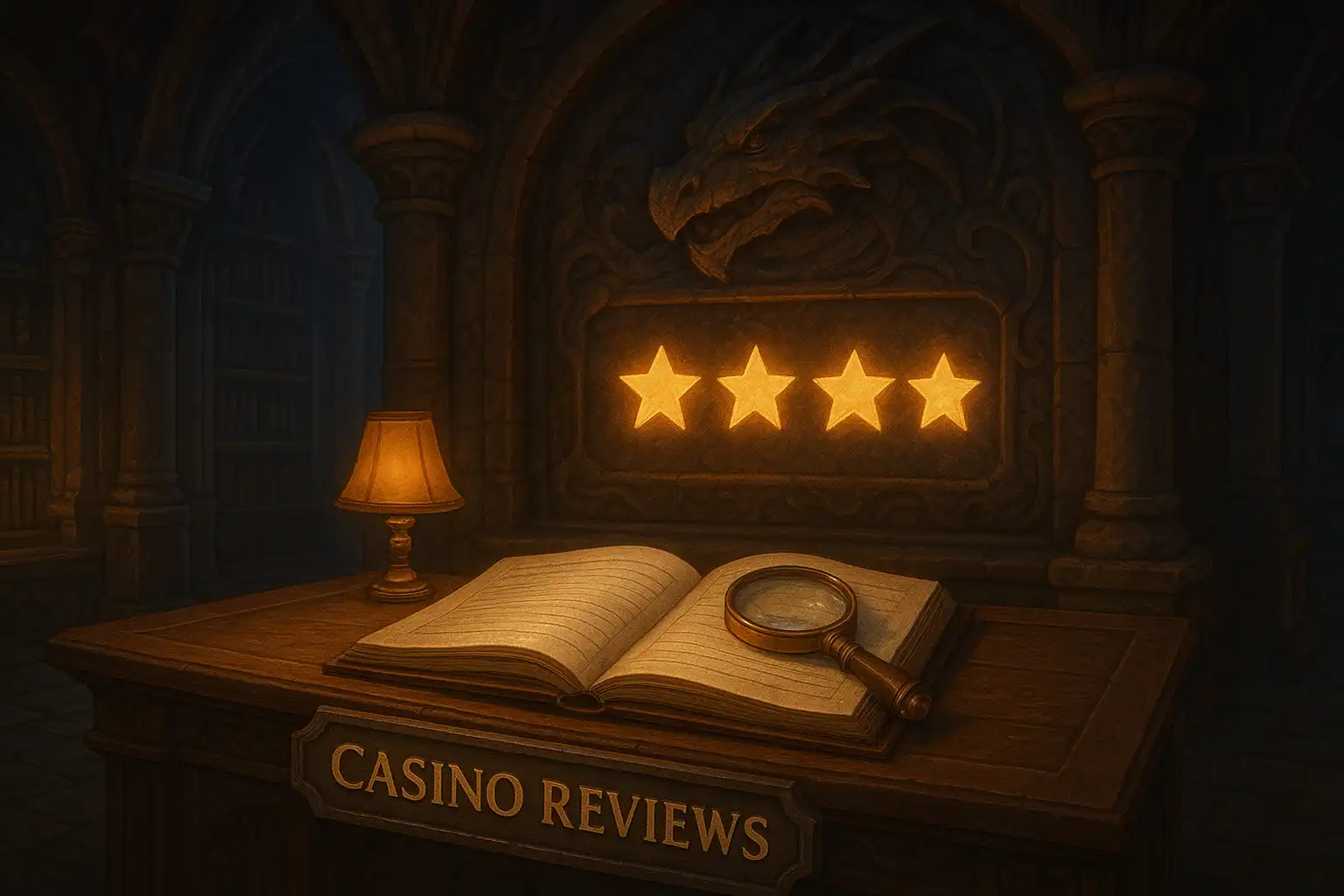 A ledger and magnifying glass on a desk inside a dragon fortress library, representing a casino review
