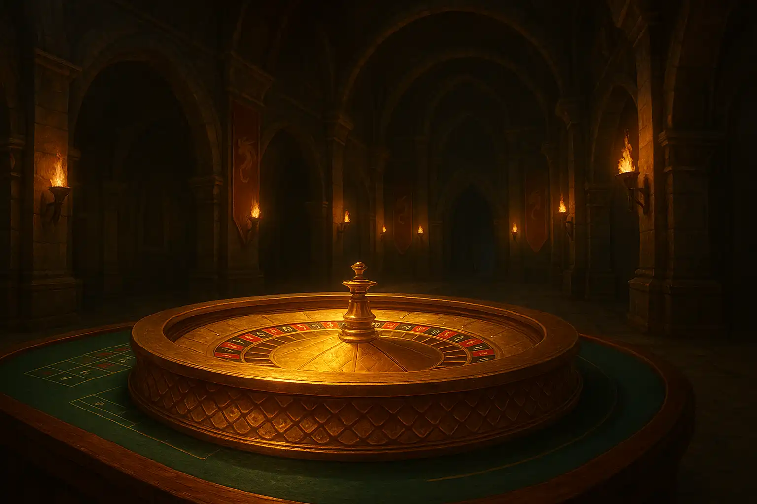 An elegant golden roulette wheel with dragon-scale texture inside a fortress hall
