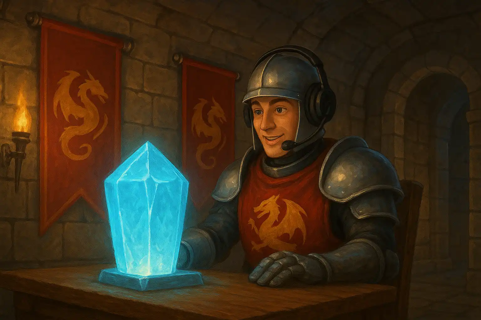 A knight at a glowing communication crystal desk inside a fortress support chamber