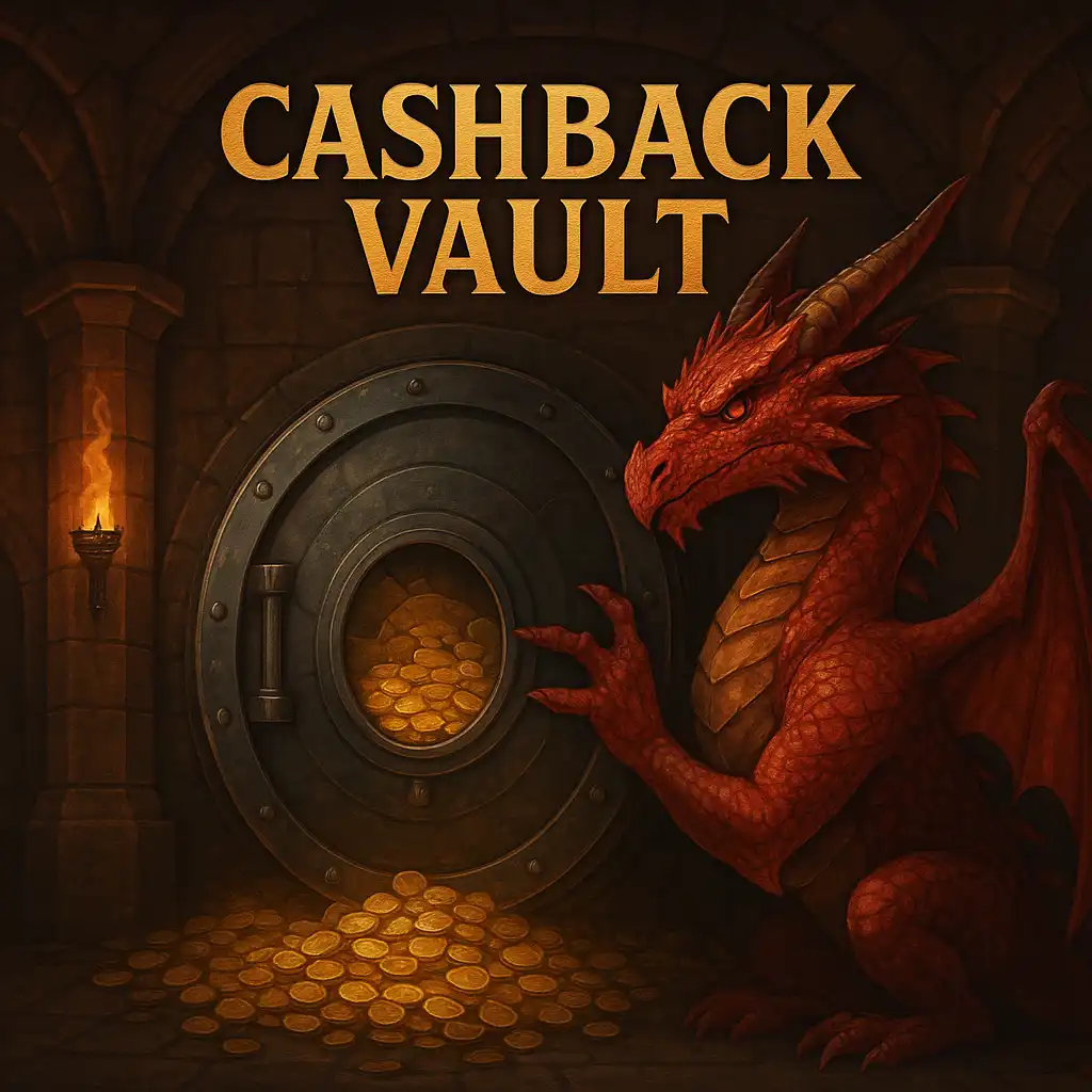 Dragon guarding a vault door filled with coins for the cashback promotion